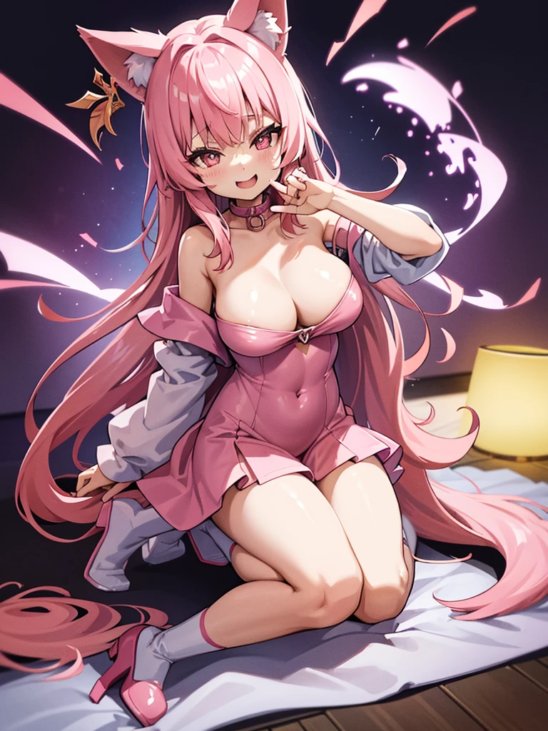 Happy young girl, with wolf ears and pink hair, holding her cheeks, wolf tail, wearing a latex dress, looking at veiwer, full body, you can see her chest, naked breasts