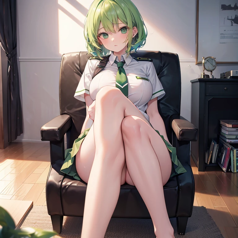 girl　Green Hair　uniform　Short sleeve　nude　Big Breasts　Footjob　