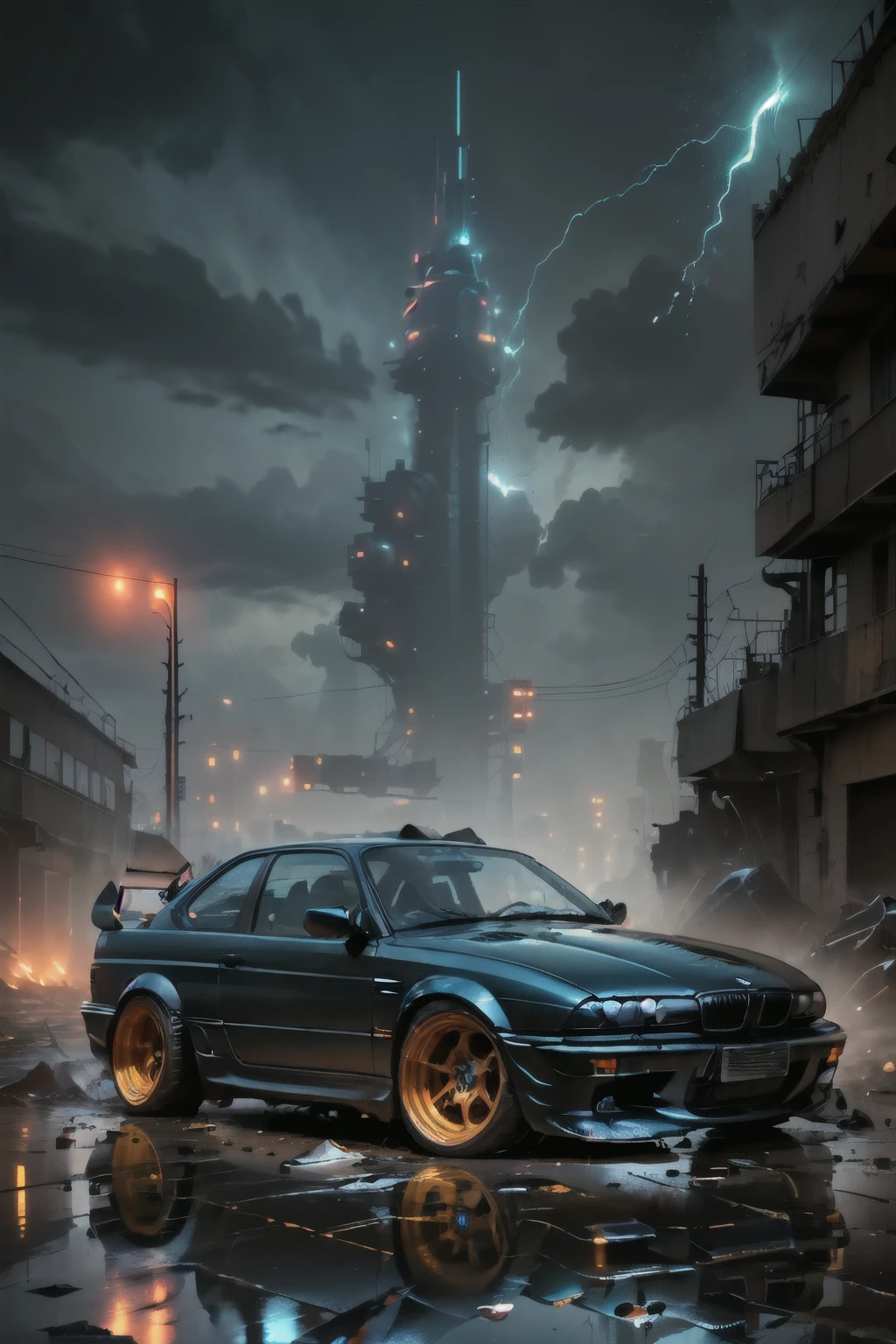 ((Best quality)), ((masterpiece)),wallpaper, 4k, realistic, rain, wet, (night time:1.2), masterpiece, best quality:1.1), ultra-detailed, (battlecar:1.1), (blackpaint:1.08), (BMW E36:1.08), vehicle focus, no humans, car, wheel, tire, debris, splash, sparks, electricity, glowing, water, dirty
vehicle focus, no humans, car, wheel, tire, debris, spike, rock, dirty, clean, shiny, oil slick, reflection, splash, droplets, rust, sparks, asphalt, ground vehicle, sports car, super car, mechanical 