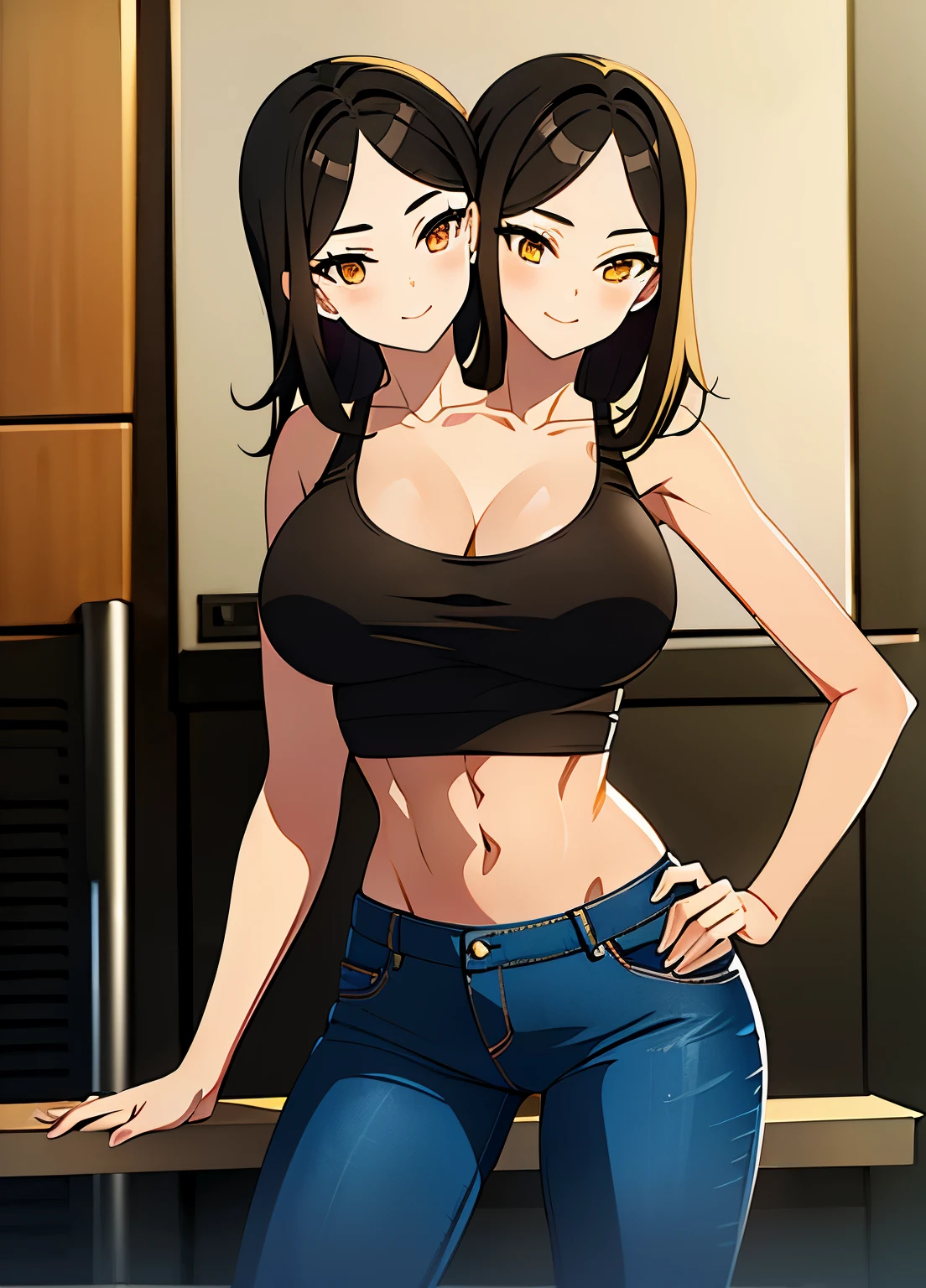 (masterpiece),(ultra-detailed), (high quality), (high resolution), (best quality:1.5, highres, UHD), highres, absurdo, ultra detail, ultra quality, Ultra resolution, 16k, 1girl, (2heads:1.5), girl with two heads, ((black hair)), ((light brown hair)), ((different hair colors)) smiling, (tattered denim jeans), casual dress, sexy proportions, (exposed midriff), thighs, Beautiful girl with accentuated slender abs, ((fighting posture)), black tank top, ((different hairstyles)), different haircuts