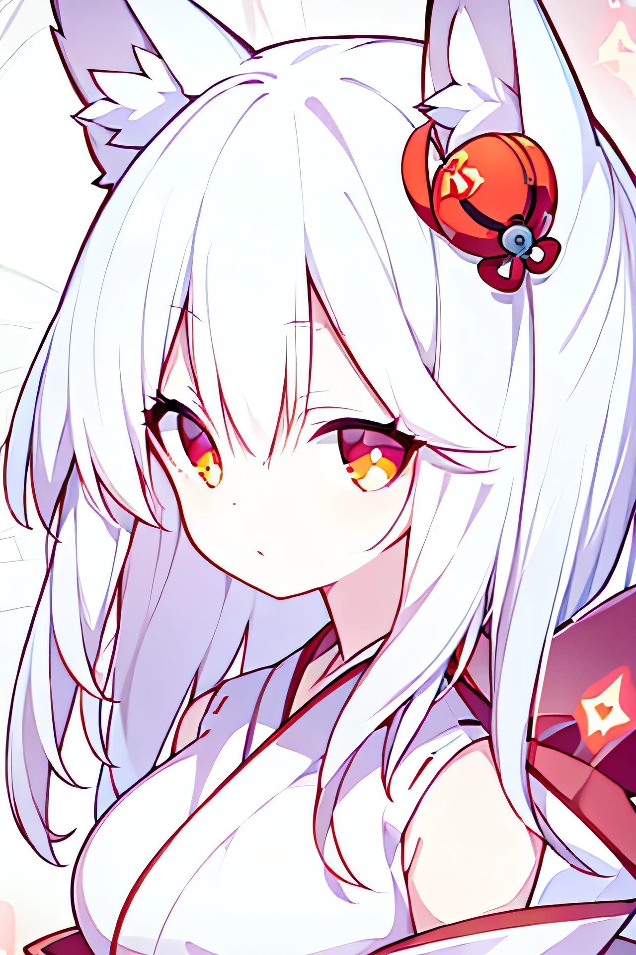 {high quality}, One girl, {White Hair}, {Bright orange eyes}, {Lady}, {white and red kimono}, White fox ears,(Round eyebrows)