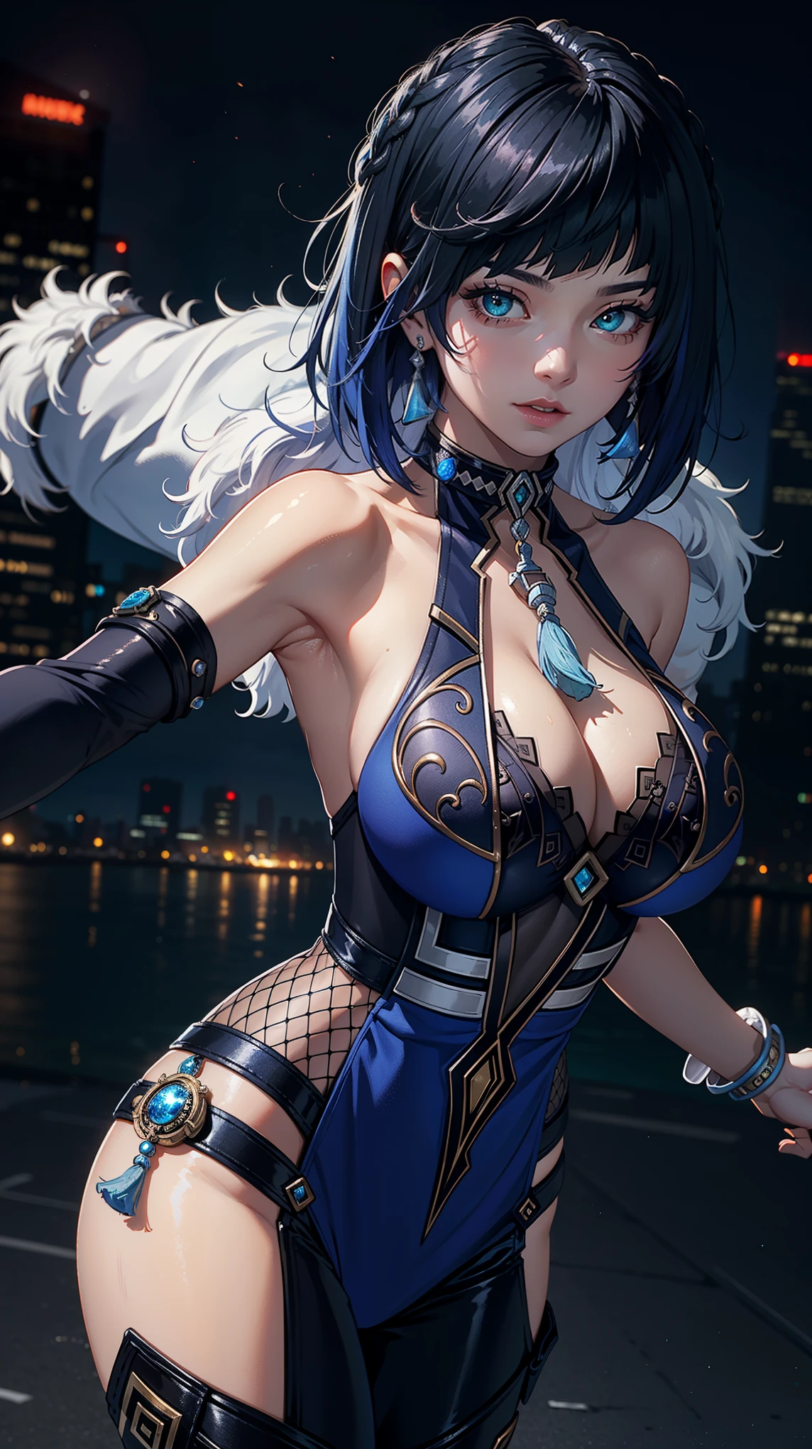 Masterpiece, ultra detail, high quality, 8k, yelandef, night, bright eyes, detail face, dynamic angle, dynamic poses, blur background, looking at viewer, huge breast, night city view, standing,
