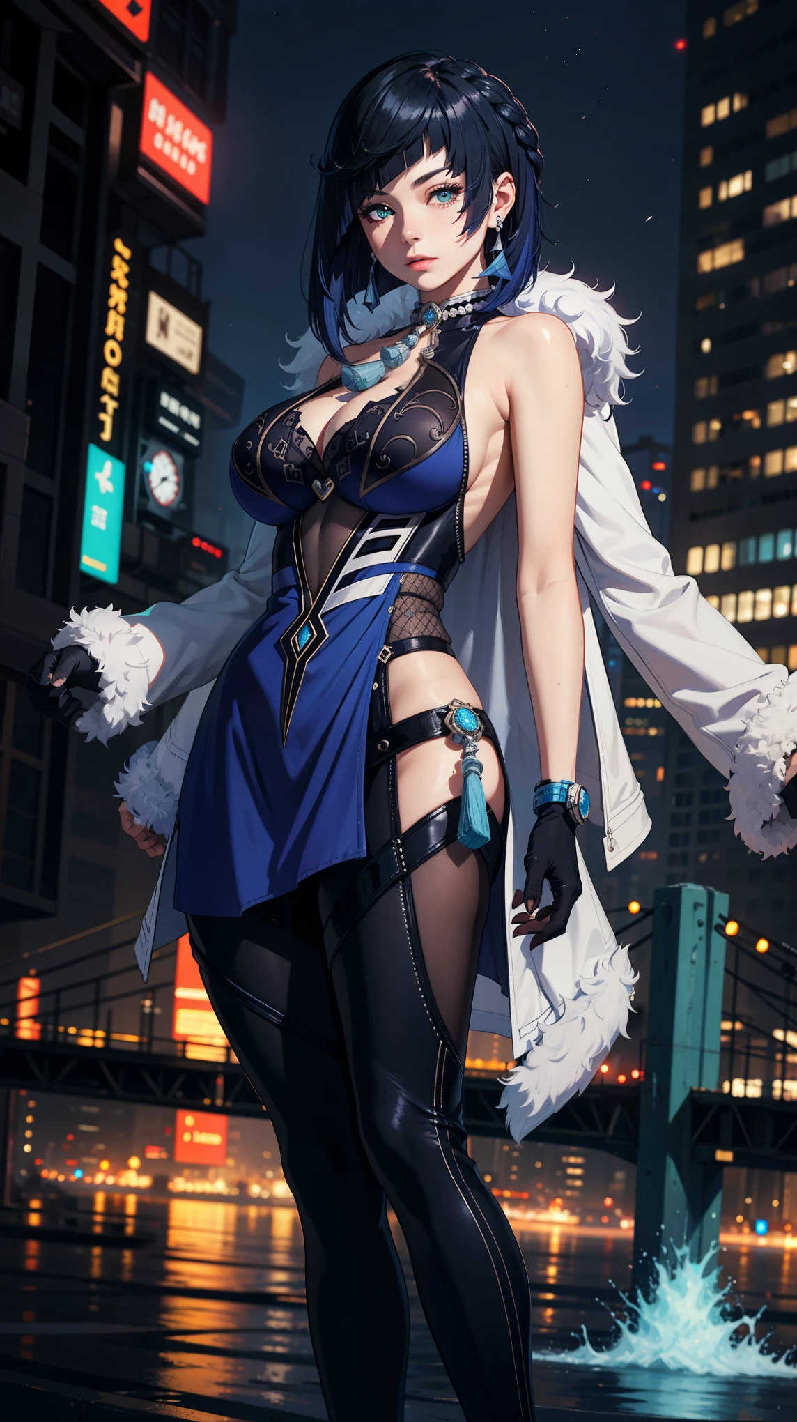Masterpiece, ultra detail, high quality, 8k, yelandef, night, bright eyes, detail face, dynamic angle, dynamic poses, blur background, looking at viewer, huge breast, night city view, standing,