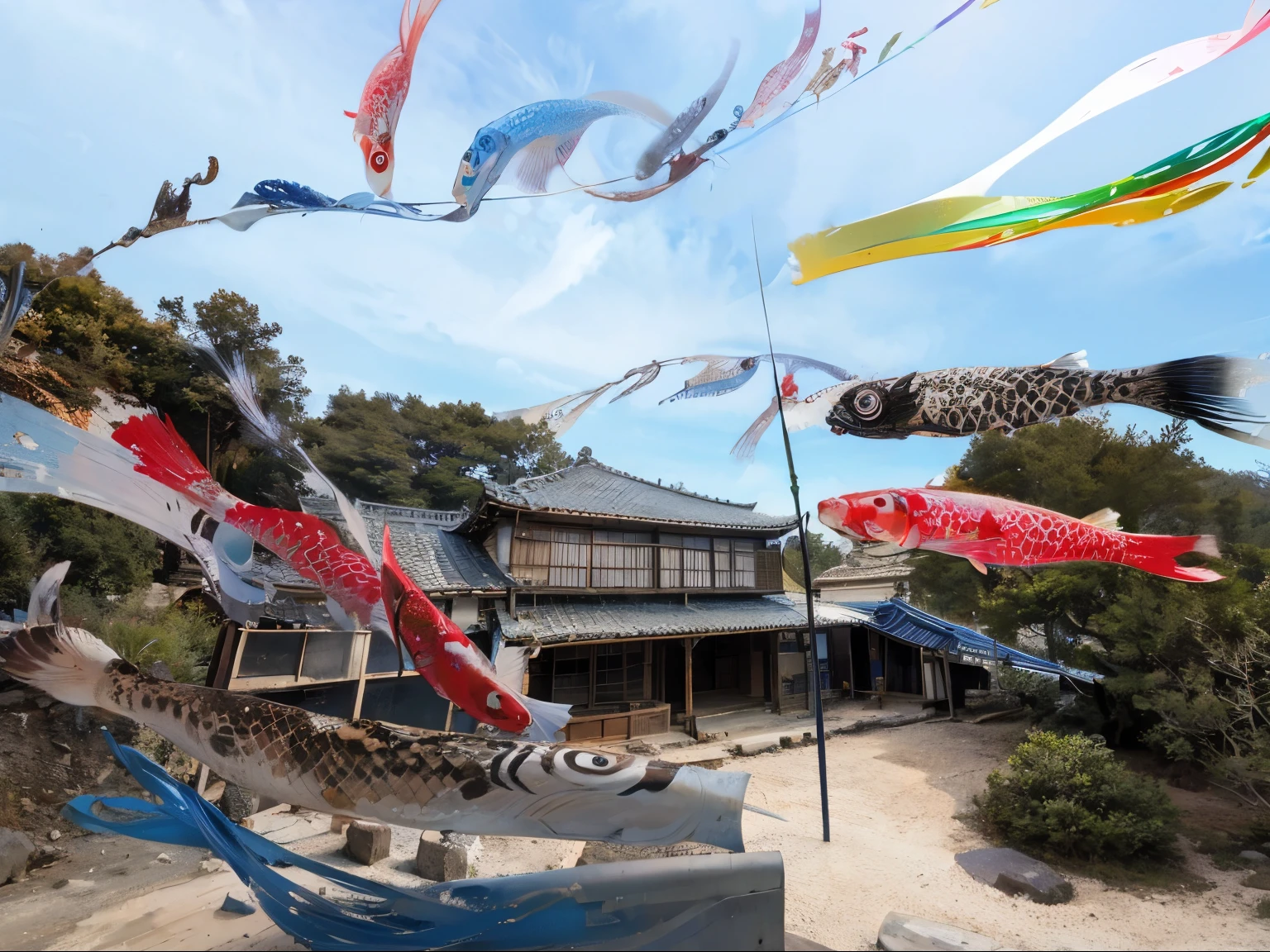 Old houses, colorful carp streamers of Japanese culture, blue sky