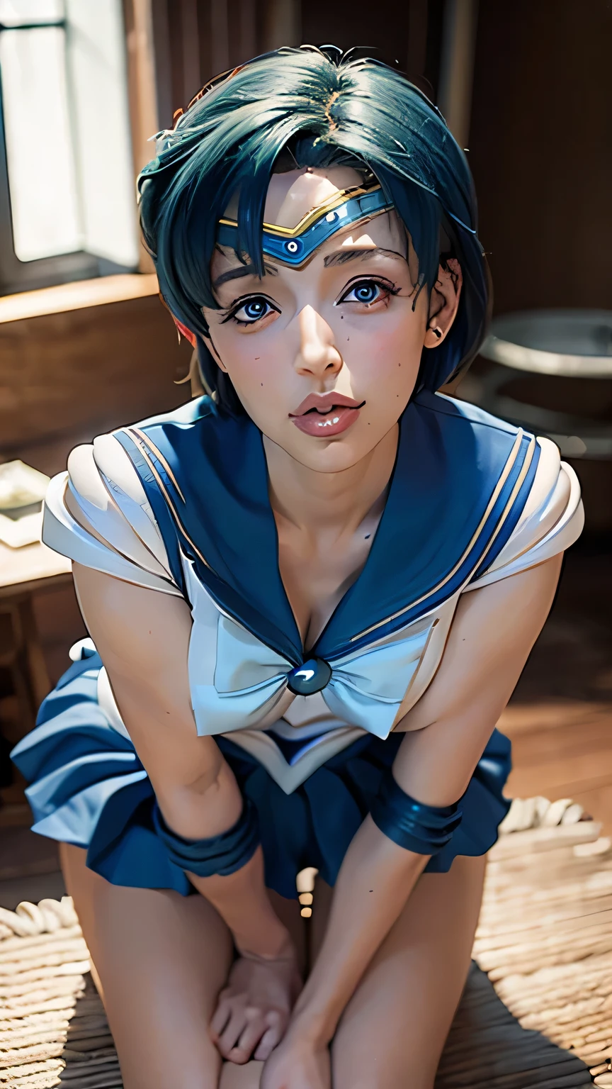 (masutepiece, of the highest quality, Best Quality, Official art, Beautiful and aesthetic: 1.2), (1、40 years), Extremely detailed, Colorful, Bedrooms、On a plush bed、more detailed,above the thigh、 ((sailor mercury, neck ribbon, blue hair, short hair, circlet, jewelry, crescent earrings))、(((look at a camera、Facing the camera)))、(Skirt lift, lifted by self, hands on skirt:1.5), Curve, Indoors, luxury room, mansion, window, day, ((((No panties、No bra、Exposing your、godpussy2 expose、nude))))、((((happy ,)) red blush)),(((((small breasts spilling out))、You can see the developed nipples、godpussy2、)))))、spread legs、ass、(((((nude)))))、