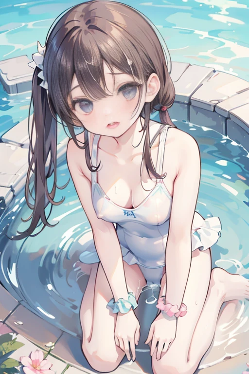 masterpiece, best quality, physically-based rendering, high resolusion, RAW photo, photo realistic,
1 girl, (10years old), Japanese, ((one-piece swimsuit)), brown hair, side tails, flower hair ornament, light blue scrunchie on wrist,
(leaning forward, cleavage, hands on knees), (outdoor poolside)
BREAK
looking at viewer,
(wet clothhes:1), (wet body:1),
((orgasm:1.5)), covered erectile nipples:1,
(from front), (from above:1.3),
