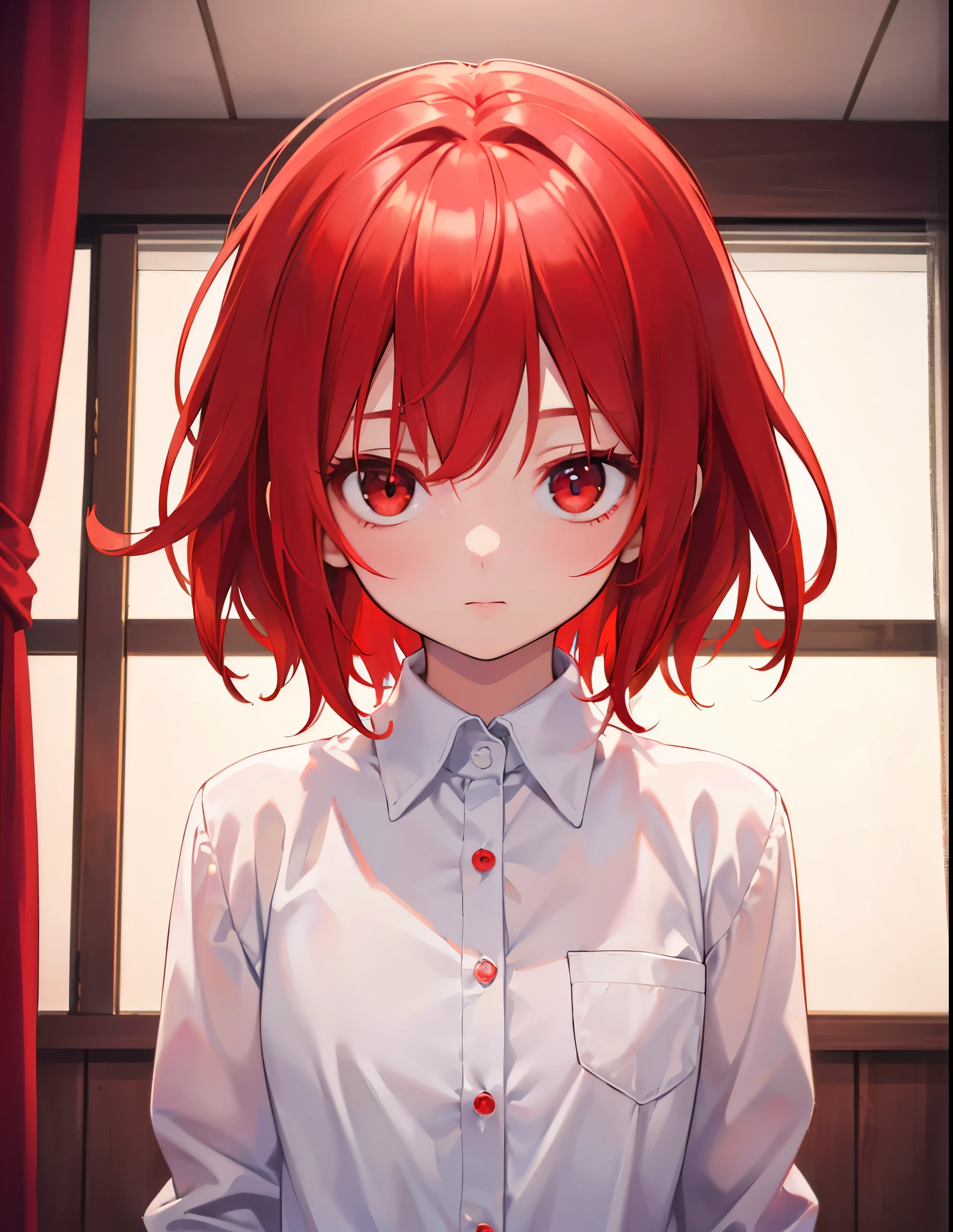 Realistic,highest quality, Ultra Detail, High-quality CG rendering, The most delicate and beautiful, Floating softly, High resolution, (1 girl), (Highest quality,4K,8K,masterpiece:1.2),(All red hair:1.5), (Medium Hair:1.5),(Red eyes:1.5),(White long sleeve shirt:1.3),In a small room