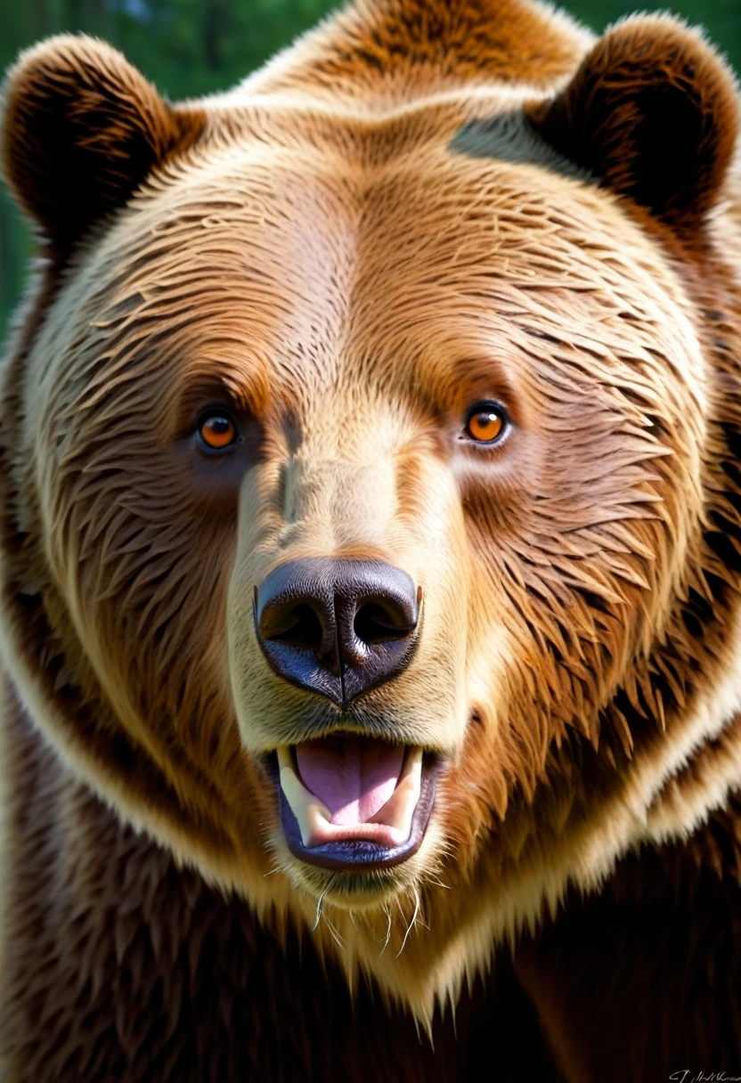 Génere moi l'image d'un grizzly qui soit réaliste, de corpulence mince, orange-brown color, avec des yeux humains de tres grandes tailles à la place de ces yeux d'ours. Make him look like Kenai from the movie Brother Bear. Also gives very pronounced emotions to his face (qui est trois-quart face) comme un grand sourire et l'air heureux