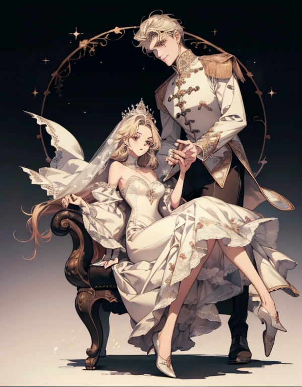 (((full body Esbian:1.3)))、(Master Parts, Best Quality, alto, ultra-detailliert), Detailed face, A detailed eye, detailedskin, depth of fields, lightweighthigh-quality、((low angles:1.2))、Close up portrait of a person with a woman in a dress, Man lifting female off the ground, Woman with her feet off the ground, Strong Man ,Long Shot Photography、Glamour Shot、Front or Back、(full body1.15)、1womanl、Adults、fully body photo、bionde、Sitting on the side、with extremely beautiful facial features、robe blanche、Hairpin on the head、perfect hand、Soft light、ornate、looking at the viewers、White long dress、ren、femele、A queen、leggy、robe blanche、Beautiful veil、Pedras preciosas、ornamented、embroideries、florals、Georgia、relax、the emperor、White Long Dress Clothes、beautiful fantasy queen、Lie down on a sofa、、Strapless、Shoulder out、Attractive and sexy、Princess Hug、backs、Revealing clothing、, hight resolution、Put your hands around your neck、cuddling、Sleeveless,,Land of Gems,(The artwork, Best Quality) Close up portrait of a person with a woman in a decorative dress, Man lifting female off the ground, Woman with her feet off the ground, Strong Man , (
