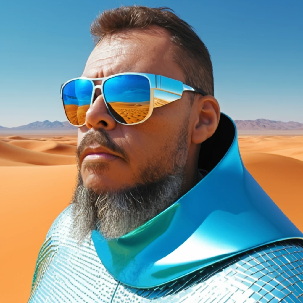 gutto2024abr, A bearded man dressed in futuristic clothing, with his face slightly hidden behind mirrored sunglasses reflecting the expansive desert around him, rendered in the avant-garde portrait style reminiscent of artists such as Andrey Remnev and Caras Ionut with daz3d influence, close-up , ultra-high definition image, filled with silver tones casting an ethereal glow against the amber desert backdrop