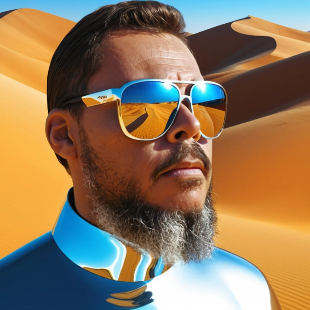 gutto2024abr, A bearded man dressed in futuristic clothing, with his face slightly hidden behind mirrored sunglasses reflecting the expansive desert around him, rendered in the avant-garde portrait style reminiscent of artists such as Andrey Remnev and Caras Ionut with daz3d influence, close-up , ultra-high definition image, filled with silver tones casting an ethereal glow against the amber desert backdrop