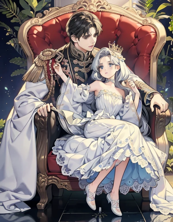 (((full body Esbian:1.3)))、(Master Parts, Best Quality, alto, ultra-detailliert), Detailed face, A detailed eye, detailedskin, depth of fields, lightweighthigh-quality、((low angles:1.2))、Close up portrait of a person with a woman in a dress, Man lifting female off the ground, Woman with her feet off the ground, Strong Man ,Long Shot Photography、Glamour Shot、Front or Back、(full body1.15)、1womanl、Adults、fully body photo、bionde、Sitting on the side、with extremely beautiful facial features、robe blanche、Hairpin on the head、perfect hand、Soft light、ornate、looking at the viewers、White long dress、ren、femele、A queen、leggy、robe blanche、Beautiful veil、Pedras preciosas、ornamented、embroideries、florals、Georgia、relax、the emperor、White Long Dress Clothes、beautiful fantasy queen、Lie down on a sofa、、Strapless、Shoulder out、Attractive and sexy、Princess Hug、backs、Revealing clothing、, hight resolution、Put your hands around your neck、cuddling、Sleeveless,,Land of Gems,(The artwork, Best Quality) Close up portrait of a person with a woman in a decorative dress, Man lifting female off the ground, Woman with her feet off the ground, Strong Man , (