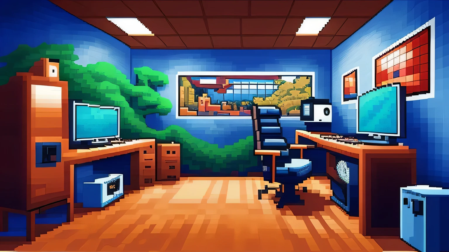 2d cartoon, gamer room with pc in pixel art, high resolution