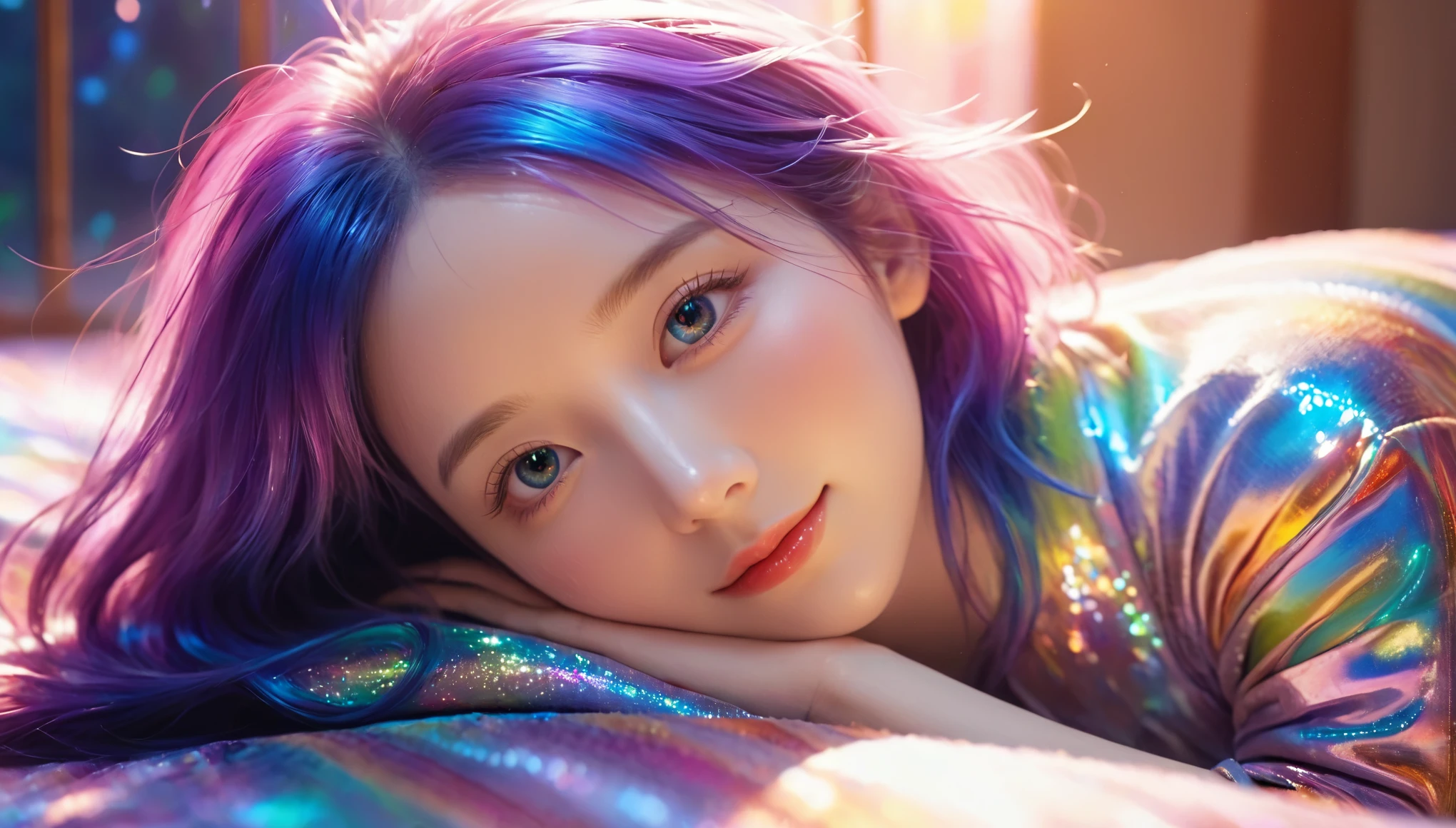{{masterpiece}}, best quality, Extremely detailed CG unified 8k wallpaper, Movie Lighting, lens flare, Beautiful detailed eyes, Black, girl、Close your eyes、Pillow、sleep、Lying down、floor、blanket、Smile、Side-lying、Under the quilt、Lips、indoor、Background large window, multi color hair, Colorful light, particle, Heterochromia, (Colorful:1.5), (Colorful hair:1.5),