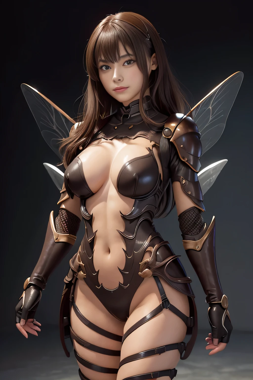 (high resolution,masterpiece,best quality,extremely detailed CG, anime, official art:1.4), realistic, photo, amazing fine details, all intricate, gloss and shiny,awesome many layers, 8k wall paper, 3d, sketch, kawaii, illustration,( solo:1.4), perfect female proportion,villainess, (fusion of dark brown cockroach and lady:1.4), (brown cockroach form lady:1.2), (brown cockroach lady:1.2), (fusion:1.2), (solo:1.4), (evil smile:1.2), muscular, abs, (cockroach brown exoskeleton bio insect suit:1.4), (cockroach brown exoskeleton bio insect armor:1.2), (brown transparency cockroach wing:1.4), (brown cockroach antennae:1.3),