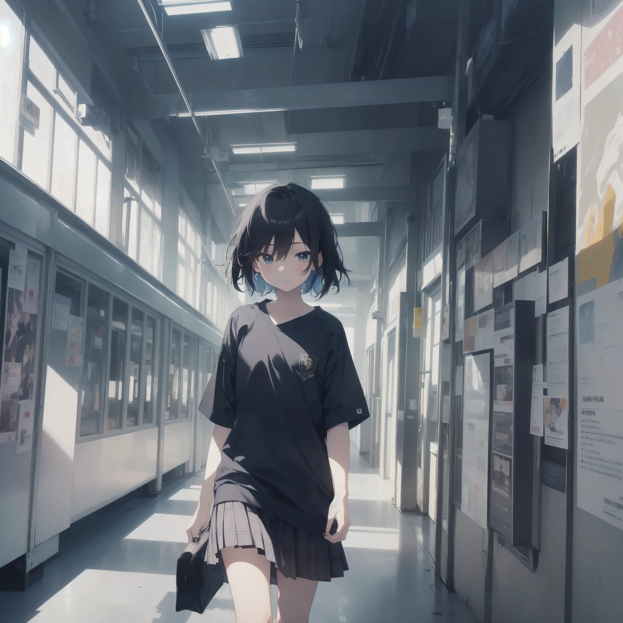 ultra-absurdres-Top quality by artist God, ultra-detailed, high resolution, anime moe artstyle, best anime 8k konachan wallpaper, pixiv contest winner,pool:2810, perfect anatomy,break, 1girl, (Please draw a girl walking sleepily to school alone. )break,(Solo,little female, 13-year-old:1.3),Full limbs, complete fingers,a junior high school student, (very short hair), short cut, flat chest, , small butt, small black eyes, beautiful detailed eyes, well-proportioned iris and pupils, expressive eyes, highres detailed hair, soft expression, school_uniform, official_alternate_costume, pleated skirt,(Detailed Lighting), (Detailed background), in the School commute route. break,super detailed skin, Best cinematic lighting powered by famous artist, 8k,beauty illustration,photoshop_(medium),very aesthetic,break,((artist:ojipon )), artist:akinashi yuu ,artist:oyari ashito ,artist:kantoku ,