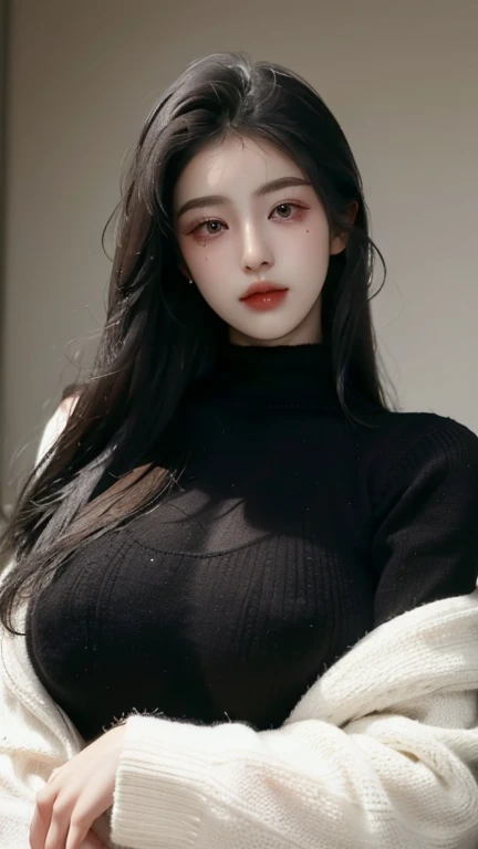 ((best quality)), ((masterpiece)), (detailed), perfect face,huge breasts:1.6, 1 woman, black long straight hair,delicate hair,See below, skin whitening, Black sweater,