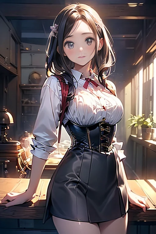 (((masterpiece)))、((highest quality))、(Super detailed)、(CG illustration)、(so beautiful ))、cinematic light、(((1 Mechanical Girl)))、 SF、Apocalypse、erotic grotesque、Research Institutes(beautiful and luxurious:1.2)、(1 girl:1.3)、facing the front, (double breasted,under bust:1.2), gap between buttons,(((corset belt))),(((high waist skirt,))) 