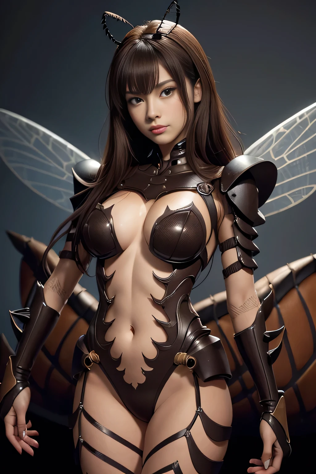 (high resolution,masterpiece,best quality,extremely detailed CG, anime, official art:1.4), realistic, photo, amazing fine details, all intricate, gloss and shiny,awesome many layers, 8k wall paper, 3d, sketch, kawaii, illustration,( solo:1.4), perfect female proportion,villainess, (fusion of dark brown cockroach and lady:1.4), (brown cockroach form lady:1.2), (brown cockroach lady:1.2), (fusion:1.2), (solo:1.4), (evil smile:1.2), muscular, abs, (cockroach brown exoskeleton bio insect suit:1.4), (cockroach brown exoskeleton bio insect armor:1.2), (brown transparency cockroach wing:1.4), (brown cockroach antennae:1.3),