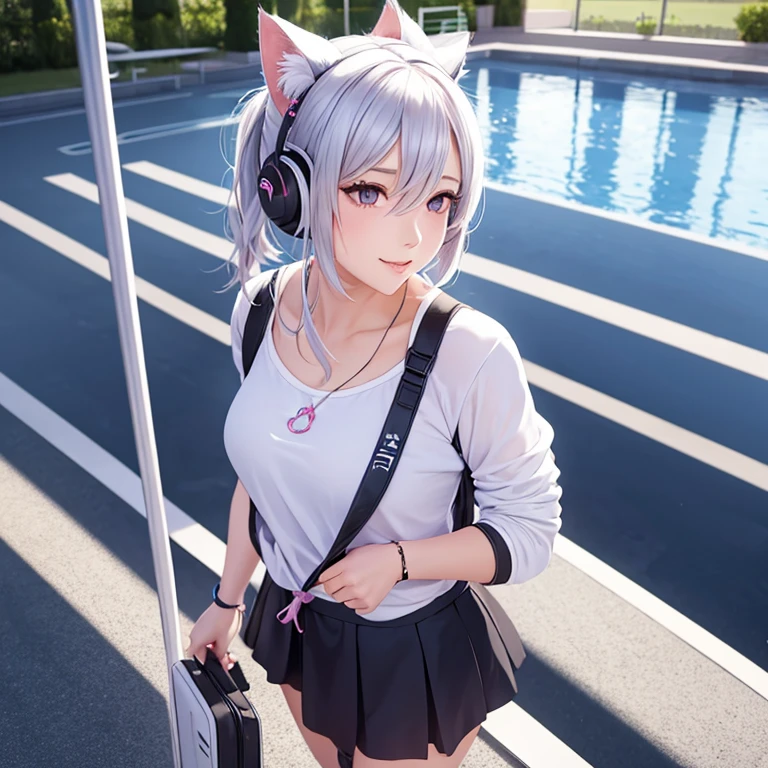 "Anime Girls, 1 person, silver white hair tied on both sides, pale pink purple eyes, Wearing cat ear headphones, woman shirt, woman , tie, Fluttering black mini skirt, smile, tights,Stand by the pool,whole body,alone (Full HD 4K+ image),look forward to,Charm,Hide your hands,"