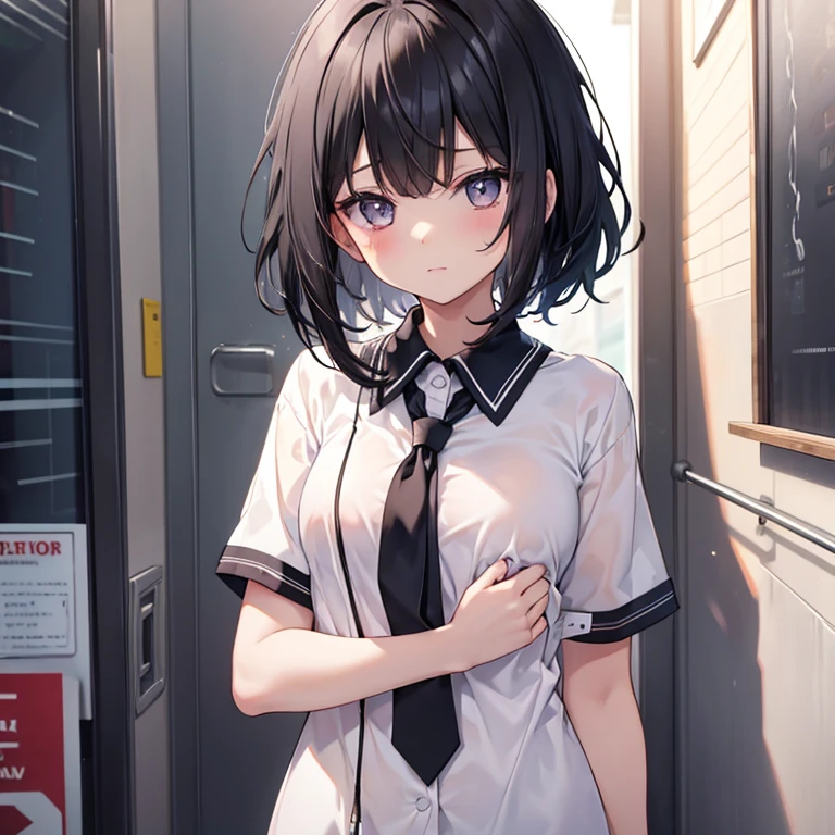 girl Black Hair uniform Short sleeve nude Small breasts Put a bandaid on your chest