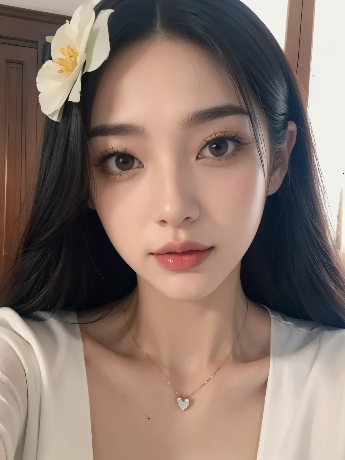 Kim jennie con el cabello negro oscuro, con rulos en las puntas del cabello negro oscuro, con un ganchito de estrella en el cabello negro oscuro, ojos de color claro, ojos bonitos, ojos llorosos, nariz bonita y respingada, labios bonitos, labios rosas, heart and cupid shaped lip, piel bonita, pale, piel blanca, con lunares y pecas en todo el rostro, rubor rosa suave en las mejilla, rubor rosa natural, maquillaje suave y rosa, jennie, cuellos bonito, cuello marcado, frown, mirada enojada, con un collar de beso, un collar bonito de beso, mientras tiene un traje de Yumeko Jabami, cospaly de Yumeko Jabami, mientras tiene una camisa blanca, con tiene un traje de color rojo encima de su camisa blanca, apretado a su cuerpo, con una falta negra corta mientras tiene el abdomen desnudo, delgado, marcado y bonito, (pechos grandes, pechos suaves, pechos bonitos, pechos naturales), mientras esta haciendo cospaly del personaje Yumeko Jabami, del anime Kakegurui, mirando a la camara, autofoto, selfie bonita