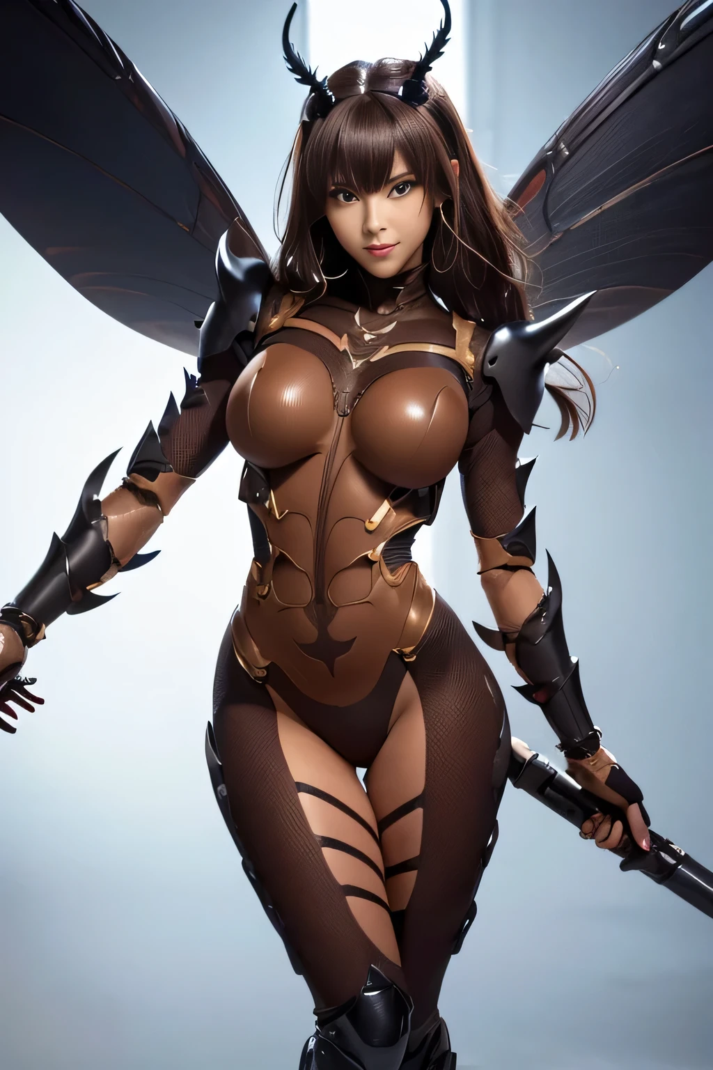 (high resolution,masterpiece,best quality,extremely detailed CG, anime, official art:1.4), realistic, photo, amazing fine details, all intricate, gloss and shiny,awesome many layers, 8k wall paper, 3d, sketch, kawaii, illustration,( solo:1.4), perfect female proportion,villainess, (fusion of dark brown cockroach and lady:1.4), (brown cockroach form lady:1.2), (brown cockroach lady:1.2), (fusion:1.2), (solo:1.4), (evil smile:1.2), muscular, abs, (cockroach brown exoskeleton bio insect suit:1.4), (cockroach brown exoskeleton bio insect armor:1.2), (brown transparency cockroach wing:1.4), (brown cockroach antennae:1.3),