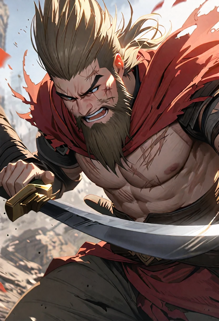 Swordsman、one person、Swordsman、熟練のSwordsman、Beard、Injury、Scars on face、Swordsman、Fantasy、Holding a sword、dynamic、anime、animeイラスト、High quality、masterpiece、Super detailed、