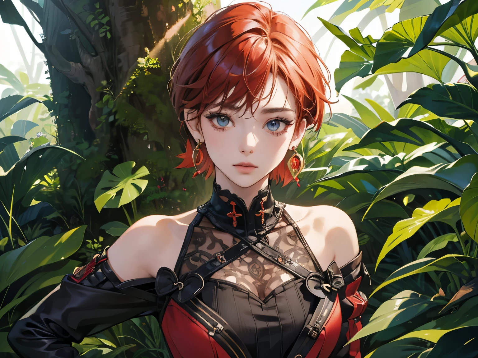 (absurdres, highres, ultra detailed),Masterpiece,intricate details,Best quality,8k,Realistic face,anime girl,Realistic skin texture,magnified textures, stunning clarity, ultra detailed eyes and faces,rock star girl,gape,punk fashion,(Shoulder Bare),very short hair,red hair,too many earrings,mini skirt,zettai ryoik,tsurime,(jungle),cowboy shot,look at viewer