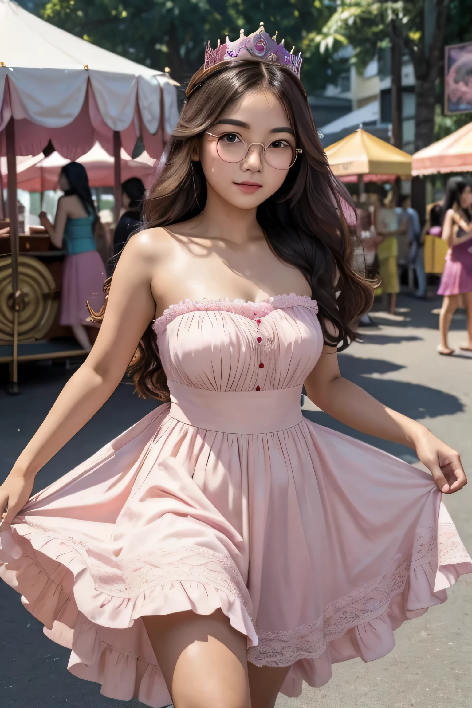 detailed face . 25 year old Indonesian girl with a sweet face, big round face and long brown wavy hair, round glasses, wearing a pink princess long Sleeveless strapless dress with princess Tiny crown with hot pose exposed her armpits while walk in funfair
