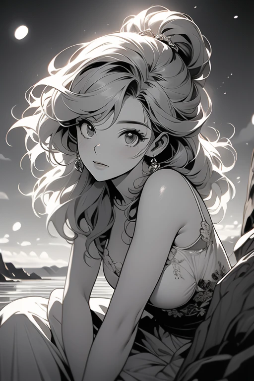 desenho de linha, tirinha, monochrome, lighting, 1 garota em, mesa, melhor qualidade, super detalhe