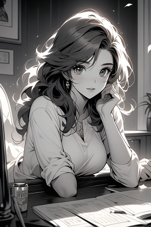 desenho de linha, tirinha, monochrome, lighting, 1 garota em, mesa, melhor qualidade, super detalhe