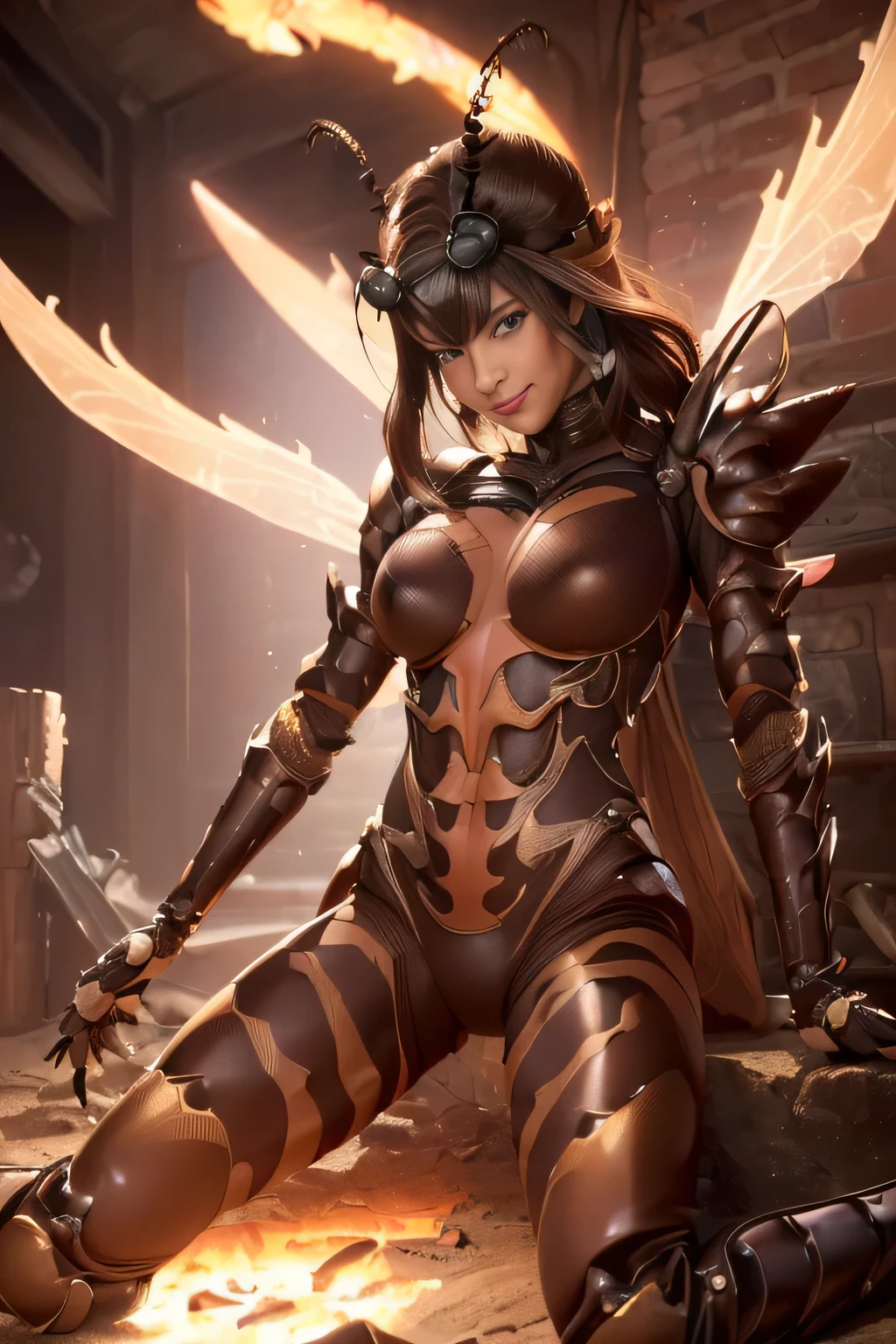 (high resolution,masterpiece,best quality,extremely detailed CG, anime, official art:1.4), realistic, photo, amazing fine details, all intricate, gloss and shiny,awesome many layers, 8k wall paper, 3d, sketch, kawaii, illustration,( solo:1.4), perfect female proportion,villainess, (fusion of dark brown cockroach and lady:1.4), (brown cockroach form lady:1.2), (brown cockroach lady:1.2), (fusion:1.2), (solo:1.4), (evil smile:1.2), muscular, abs, (cockroach brown exoskeleton bio insect suit:1.4), (cockroach brown exoskeleton bio insect armor:1.2), (brown transparency cockroach wing:1.4), (brown cockroach antennae:1.3),