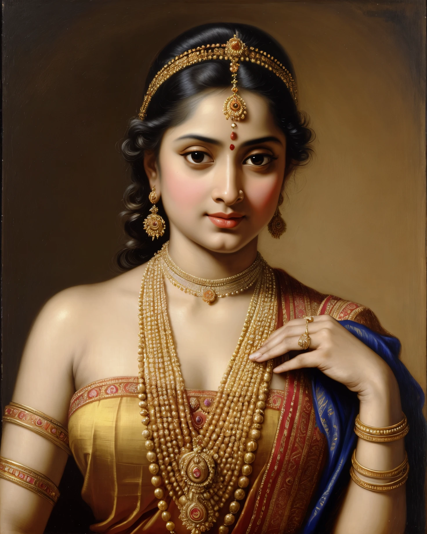 Beautiful Indian Woman, wearing saree, sari Beauty, gorgeous, Apsara, Maharani, royal queen woman, nymph from Hindu Mythology, Urvashi, matchless beauty, Highly detailed, Oil Painting by Peter Paul Rubens inspired by Raja Ravi Varma, Matchless beauty, captivating, gorgeous, heavenly beauty, celestial beauty, by Peter Paul Rubens, 13, realistic, hyper realistic, micro details, incredible artwork, insane details, ultra High resolution, 8k, 32k, acrylic on canvas, intricate, flawless, detailed, detailed face, detailed eyes, masterpiece, by Peter Paul Rubens, by Caravaggio, by William Adolphe bouguereau, perfect face, perfect body, beautiful art, realism, baroque, renaissance Art, highly textured, beautiful and detailed eyes, uhd, best quality,