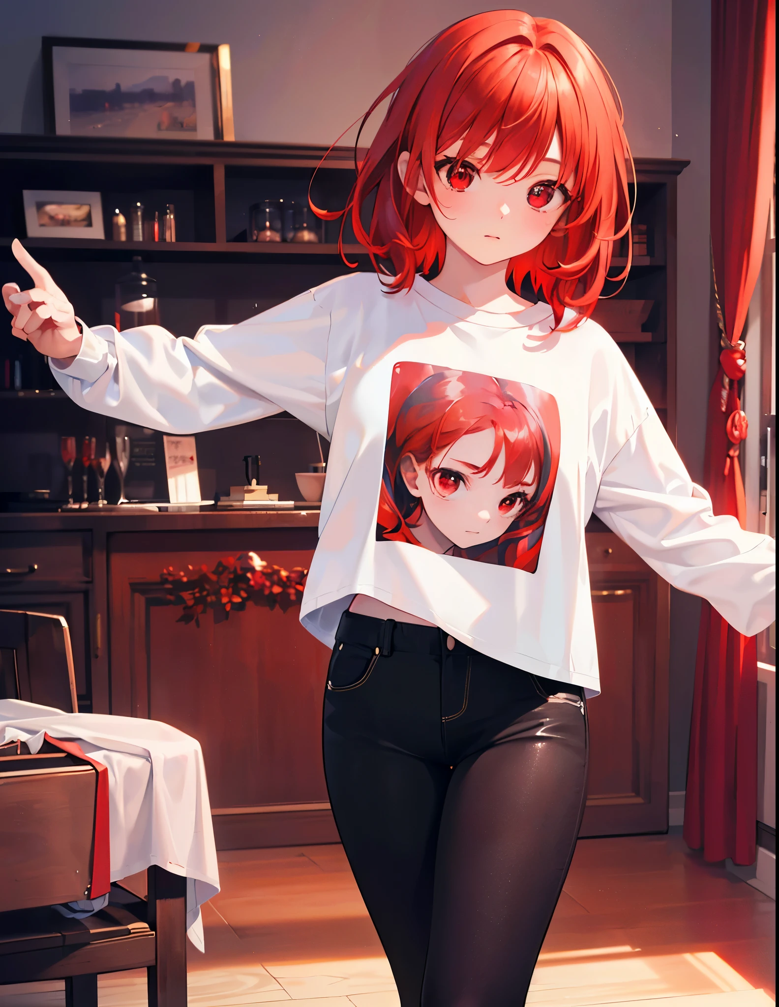 Realistic,highest quality, Ultra Detail, High-quality CG rendering, The most delicate and beautiful, Floating softly, High resolution, (1 girl), (Highest quality,4K,8K,masterpiece:1.2),(All red hair:1.5), (Medium Hair:1.5),(Red eyes:1.5),(White long sleeve T-shirt:1.3),Inside the room