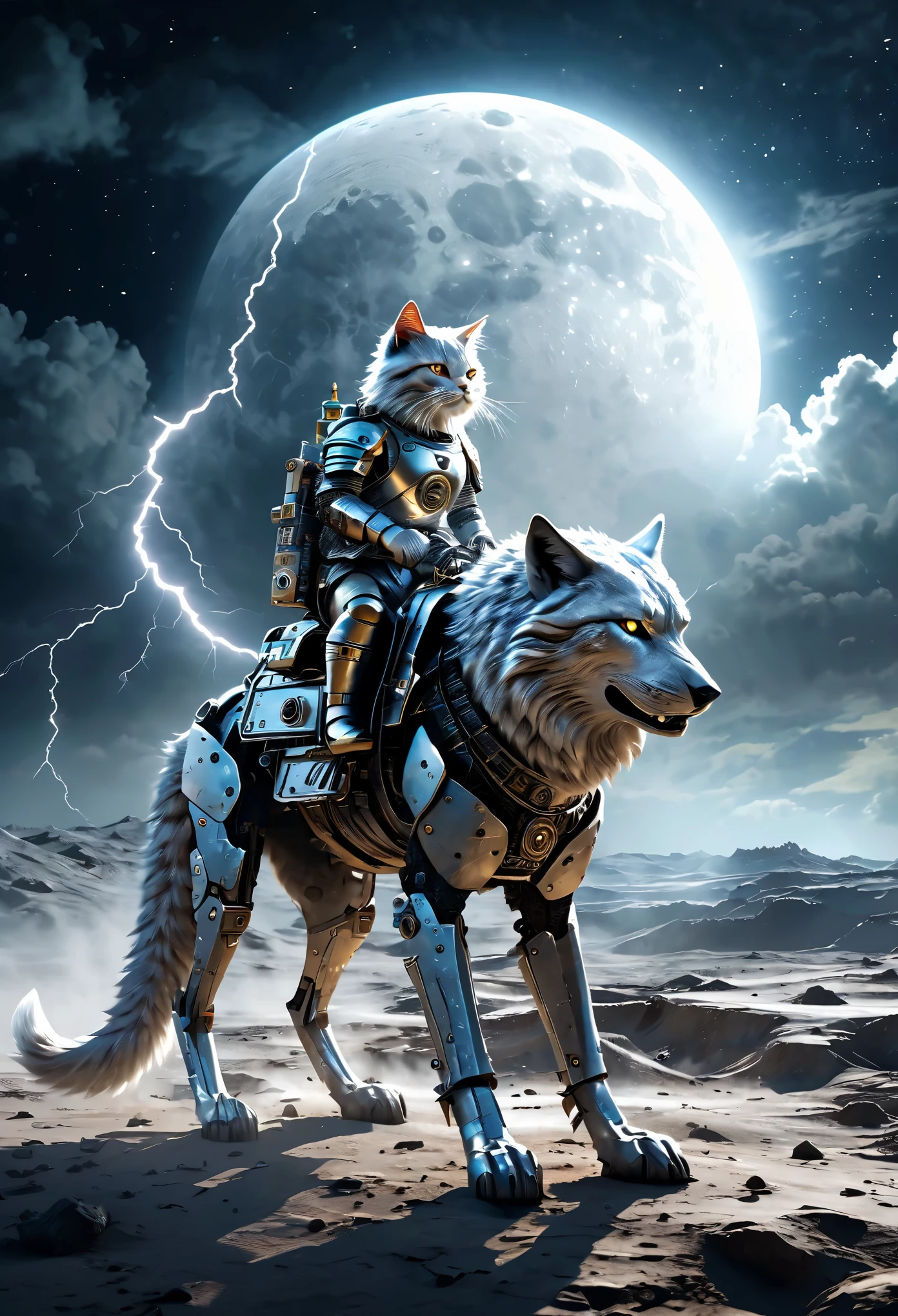 A armored cat rides atop a mechanical wolf , enveloped by massive white lightning, on the moon, full of doomsday ambiance. This illustration presents super detailed, realistic imagery with enhanced outlines, rim light, and a 4K resolution, bokeh effect
