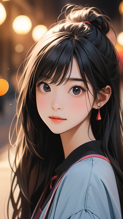 Tabletop, highest quality, 8k, 15-year-old student, Teen, RAW Photos, Absurd, Award-winning portraits, alone, night, neon, Idol'face, violet, Gardenia, Delicate girl, Upper Body, Digital SLR, View your viewers, Frank, Sophisticated, Zola々right, 笑face, Thin arms, Professional Lighting, Film Grain, chromatic aberration, (目とfaceの詳細:1.0), (Bokeh:1.1),