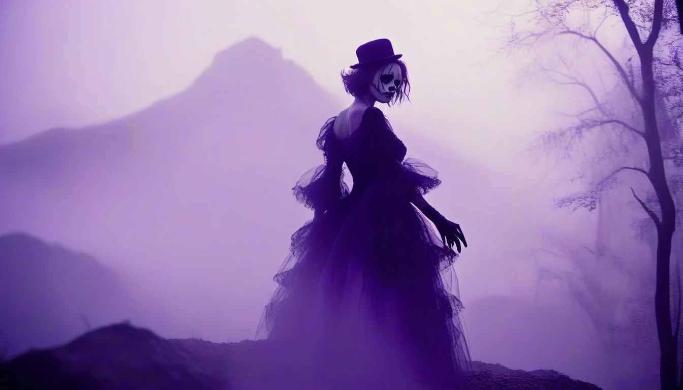 A place with a morbid look that resembles a funeral, (foggy:1.2), silhouetted in soft shadow (full body photograph:1.2) (Purple Mountain Majesty clown outfit:1.3) (beautiful supermodel:1.1) hands behind her back detailed background bokeh