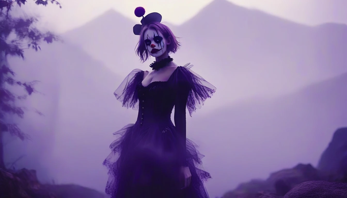 A place with a morbid look that resembles a funeral, (foggy:1.2), silhouetted in soft shadow (full body photograph:1.2) (Purple Mountain Majesty clown outfit:1.3) (beautiful supermodel:1.1) hands behind her back detailed background bokeh