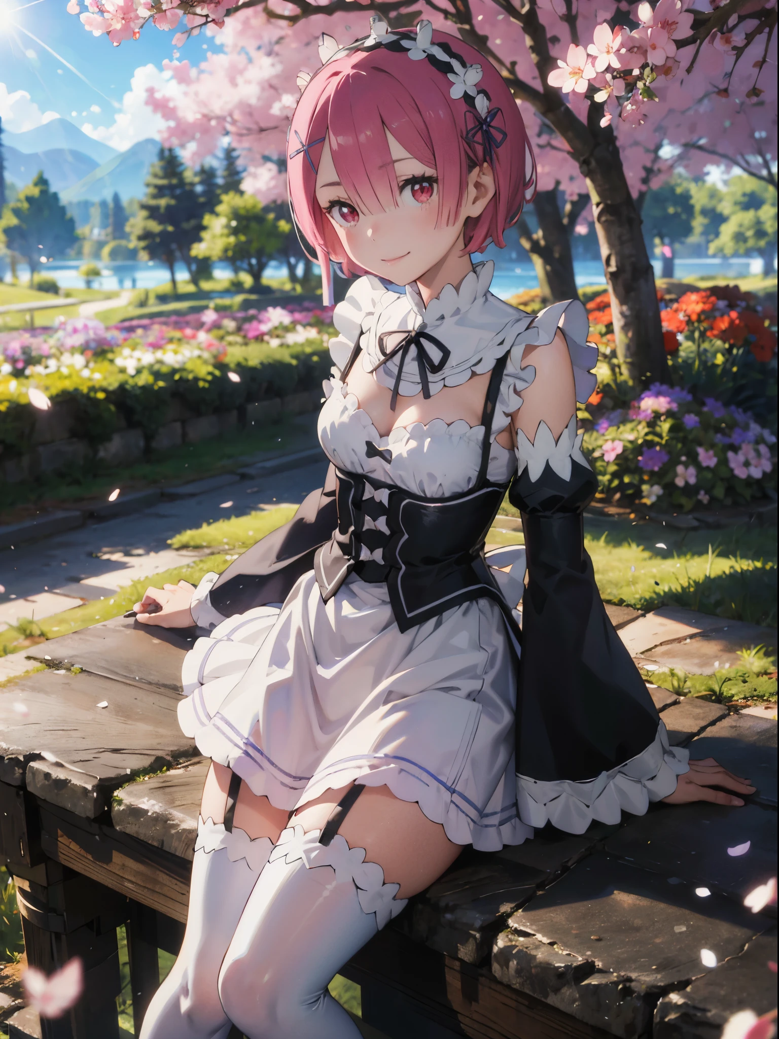 masterpiece, best quality, highres, ram1, 1girl, solo, ram \(re:zero\), pink hair, white thighhighs, short hair, red eyes, hair over one eye, ribbon trim, hair ribbon, x hair ornament, frills, maid headdress, waist apron, garter straps, black ribbon, small breasts, long sleeves, white apron, neck ribbon, purple ribbon, wide sleeves, hair flower,Outdoors, depth of filed, Light on Face, Portrait, Sunlight, skyporn, Smile, gloweyes, Lens Flare, Rural, country,Floating hair, flower, tree, lake, A hill, cloud, cherry blossoms fall