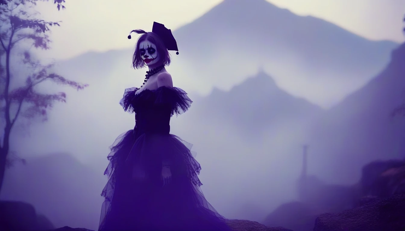 A place with a morbid look that resembles a funeral, (foggy:1.2), silhouetted in soft shadow (full body photograph:1.2) (Purple Mountain Majesty clown outfit:1.3) (beautiful supermodel:1.1) hands behind her back detailed background bokeh