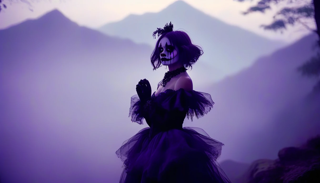 A place with a morbid look that resembles a funeral, (foggy:1.2), silhouetted in soft shadow (full body photograph:1.2) (Purple Mountain Majesty clown outfit:1.3) (beautiful supermodel:1.1) hands behind her back detailed background bokeh