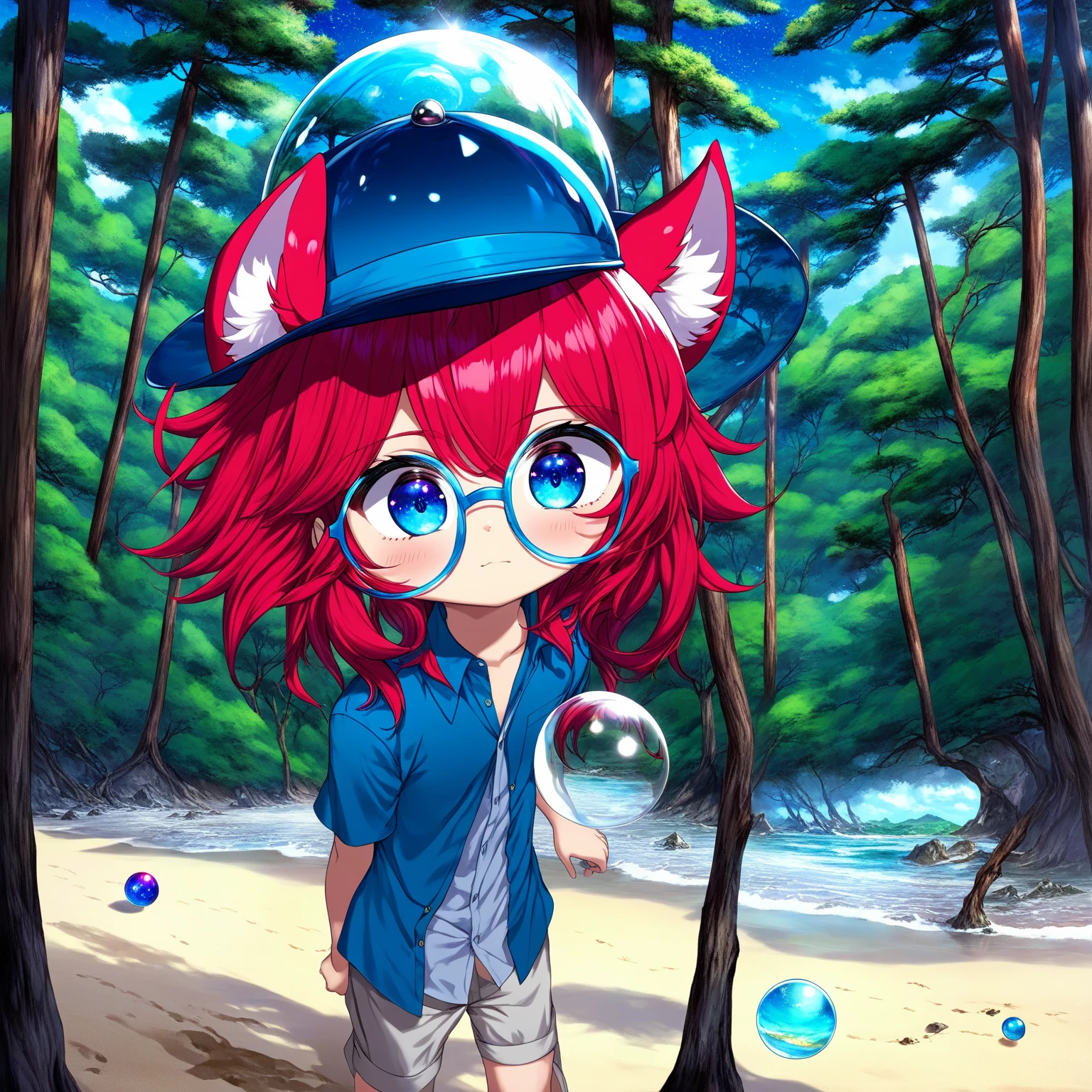 1boy, aki, crimson hair, crimson animal ears, masterpiece, ultra detail, forest, blue eyes, (cute shirt:1.3), glass orb, galaxy, blue hair, hat, masterpiece, ultra detail, beach, blue eyes, (cute shirt:1.3), crimson hair, crimson animal ears, masterpiece, ultra detail, forest, with hellper