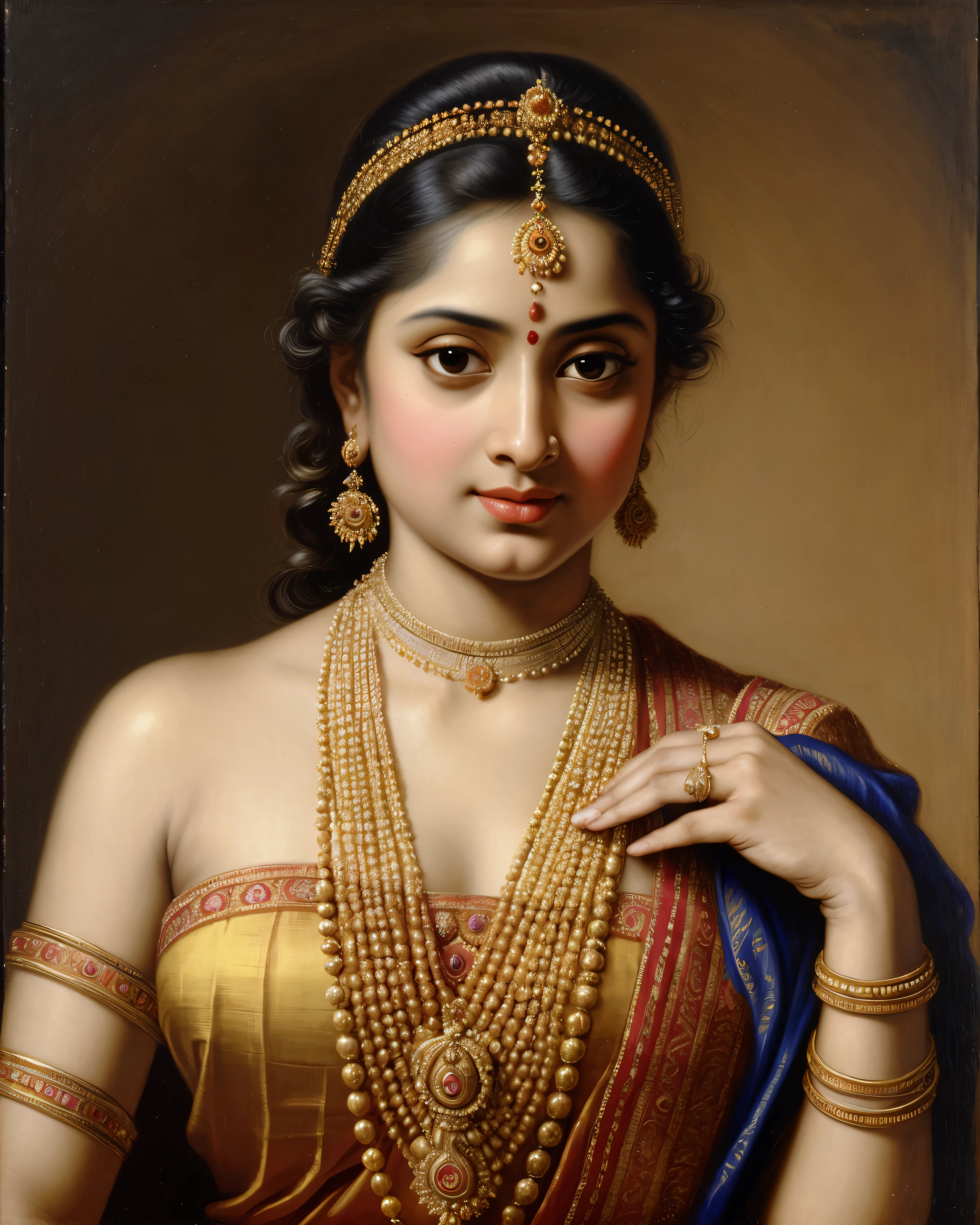 Beautiful Indian Woman, wearing saree, sari Beauty, gorgeous, Apsara, Maharani, royal queen woman, nymph from Hindu Mythology, Urvashi, matchless beauty, Highly detailed, Oil Painting by Peter Paul Rubens inspired by Raja Ravi Varma, Matchless beauty, captivating, gorgeous, heavenly beauty, celestial beauty, by Peter Paul Rubens, 13, realistic, hyper realistic, micro details, incredible artwork, insane details, ultra High resolution, 8k, 32k, acrylic on canvas, intricate, flawless, detailed, detailed face, detailed eyes, masterpiece, by Peter Paul Rubens, by Caravaggio, by William Adolphe bouguereau, perfect face, perfect body, beautiful art, realism, baroque, renaissance Art, highly textured, beautiful and detailed eyes, uhd, best quality,