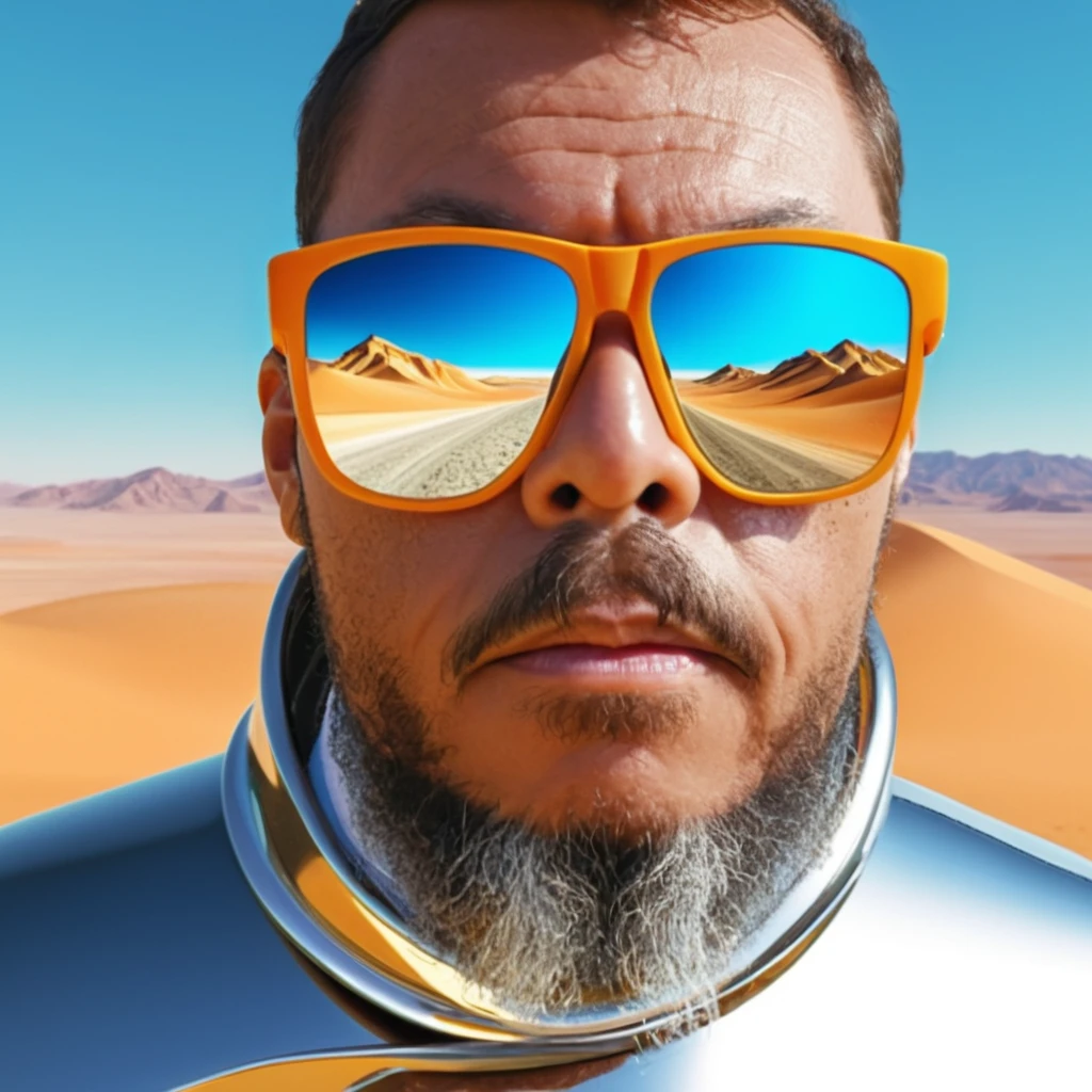 gutto2024abr, A bearded man dressed in futuristic clothing, with his face slightly hidden behind mirrored sunglasses reflecting the expansive desert around him, rendered in the avant-garde portrait style reminiscent of artists such as Andrey Remnev and Caras Ionut with daz3d influence, close-up , ultra-high definition image, filled with silver tones casting an ethereal glow against the amber desert backdrop, high depth of field 