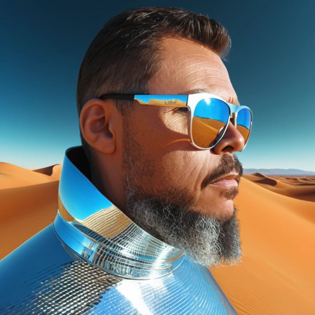 gutto2024abr, A bearded man dressed in futuristic clothing, with his face slightly hidden behind mirrored sunglasses reflecting the expansive desert around him, rendered in the avant-garde portrait style reminiscent of artists such as Andrey Remnev and Caras Ionut with daz3d influence, close-up , ultra-high definition image, filled with silver tones casting an ethereal glow against the amber desert backdrop, high depth of field