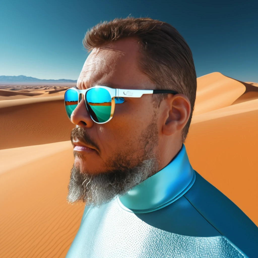 gutto2024abr, A bearded man dressed in futuristic clothing, with his face slightly hidden behind mirrored sunglasses reflecting the expansive desert around him, rendered in the avant-garde portrait style reminiscent of artists such as Andrey Remnev and Caras Ionut with daz3d influence, close-up , ultra-high definition image, filled with silver tones casting an ethereal glow against the amber desert backdrop, high depth of field 