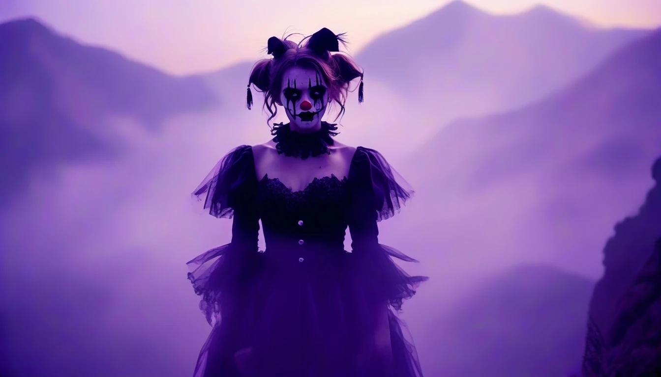 A place with a morbid look that resembles a funeral, (foggy:1.2), silhouetted in soft shadow (full body photograph:1.2) (Purple Mountain Majesty clown outfit:1.3) (beautiful supermodel:1.1) hands behind her back detailed background bokeh