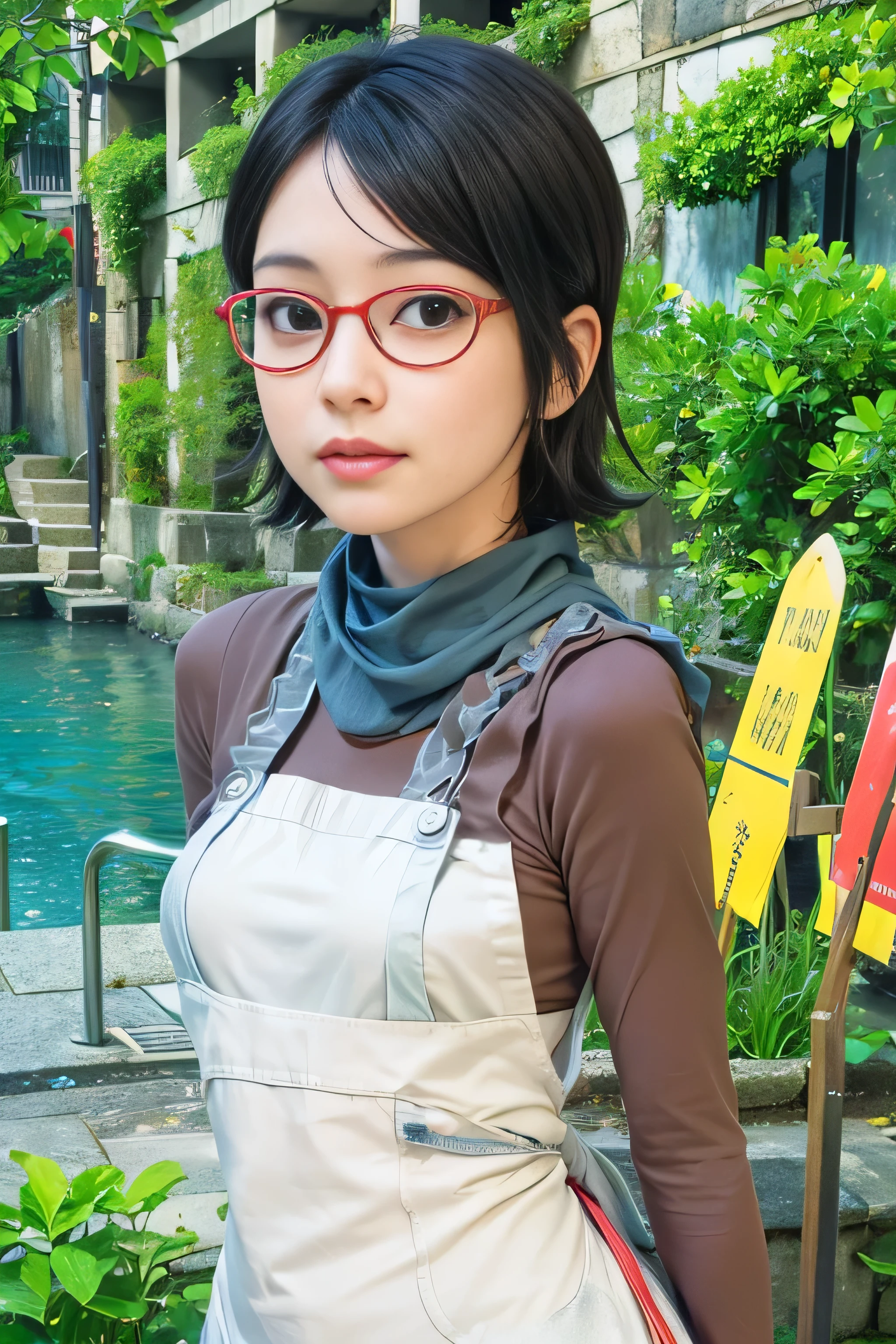 masterpiece, best quality, (realistic,photo-realistic:1.4), (RAW photo:1.2), extremely detailed CG unity 8k wallpaper, delicate and beautiful, amazing,finely detail, official art, absurdres, incredibly absurdres, huge filesize, ultra-detailed,extremely detailed eyes and face,light on face,sarada,(little smile),(black hair:1.4),(short hair:1.4),(wearing red framed glasses:1.4),(small breast:1.3),(wearing apron:1.4),town,blue scarf,brown clothes