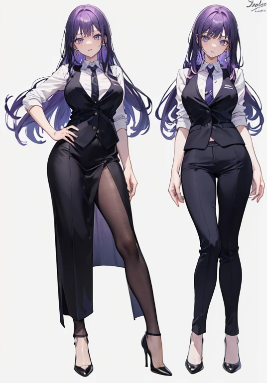 ((Perfect Face)),Purple Hair,voluminous long hair,1 female,bartender,suit,Black vest,Shirt with rolled up sleeves,tie,slit,High heels,,((Simple Background)),smile,((whole body)),((whole body)),Portraiture,virtual,upright,,Both arms are down,Standing upright with face and body facing forward,